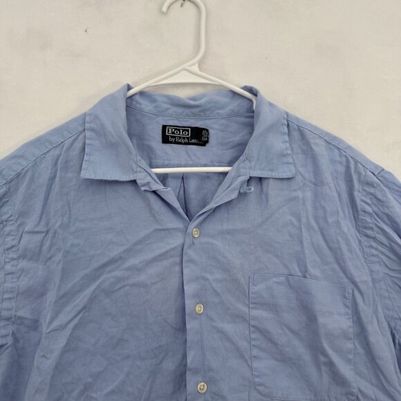 Polo Ralph Lauren Camp Shirt Men L Blue Pocket Loop Collar Linen Blend Button Up - Picture 2 of 9